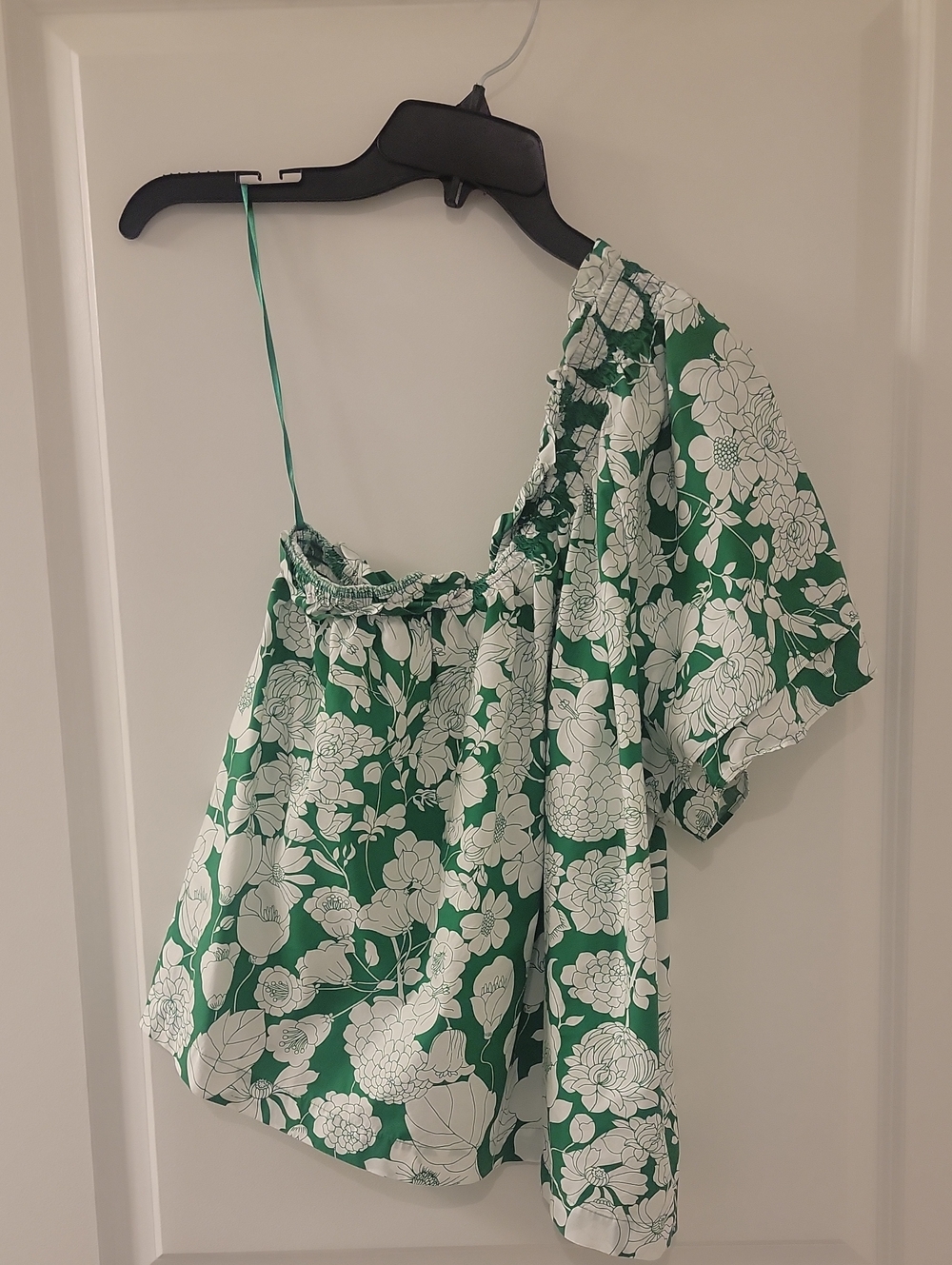 J. Crew Green and White Floral One-Shoulder Top